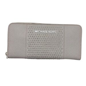 Michael kors gray saffiano leather silver studded zipper clutch wallet new
